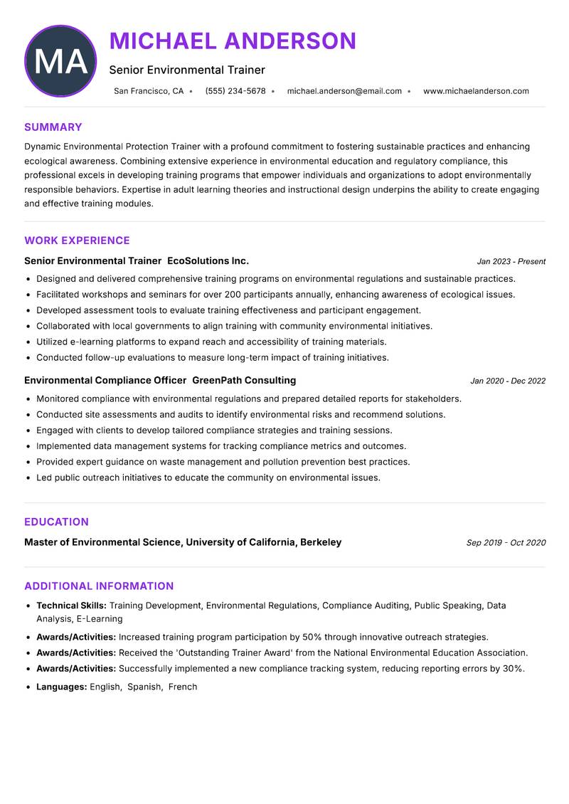 Environmental Protection Trainer Resume Preview Example