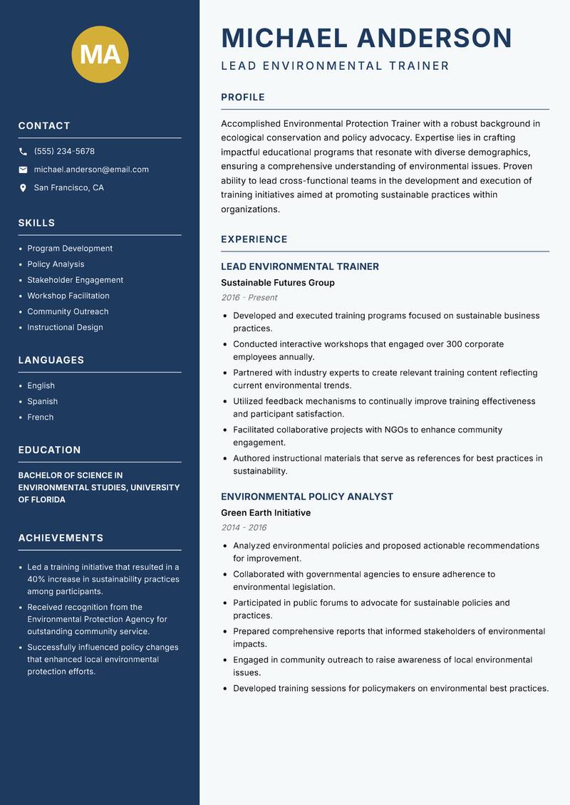 Environmental Protection Trainer Resume Preview Example