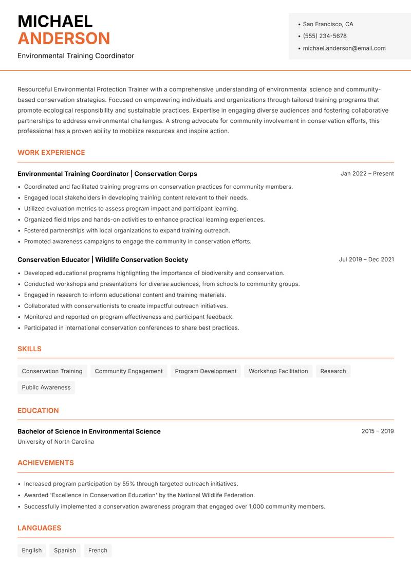 Environmental Protection Trainer Resume Template