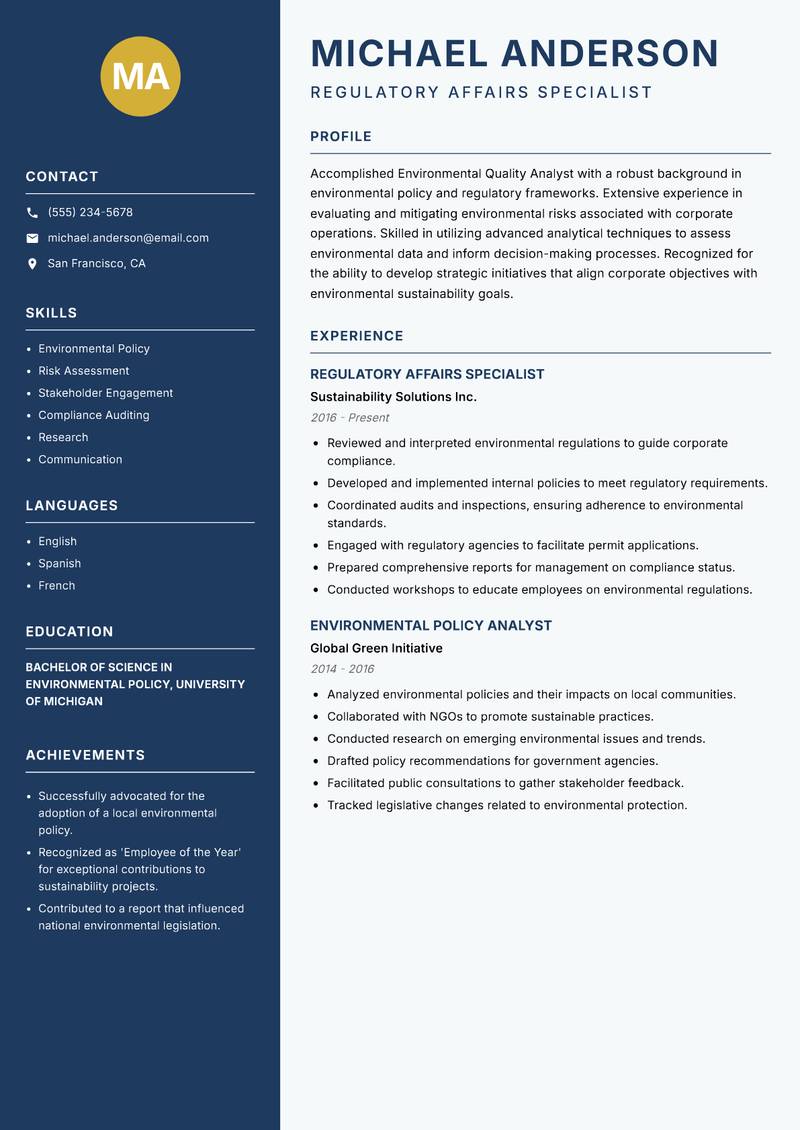 Environmental Quality Analyst Resume Preview Example