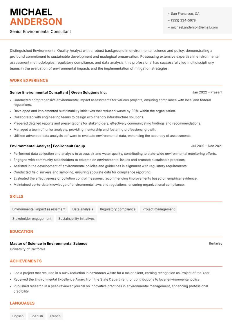 Environmental Quality Analyst Resume Template