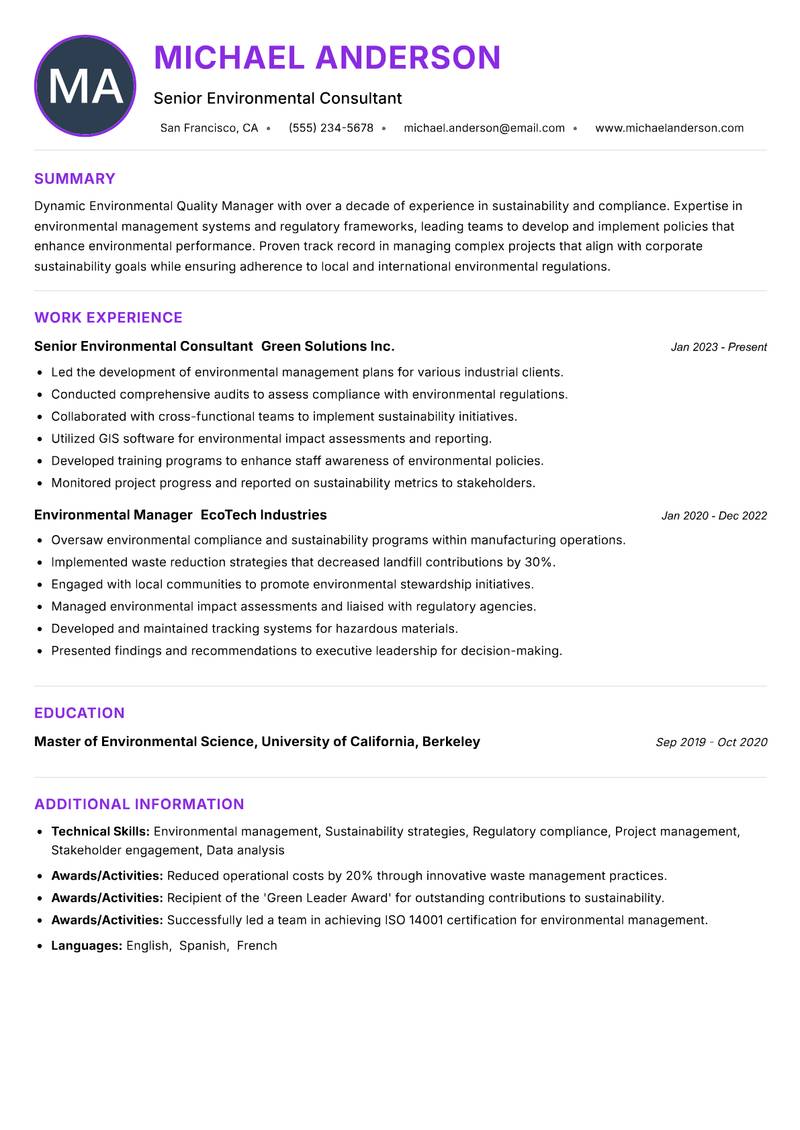 Environmental Quality Manager Resume Preview Example