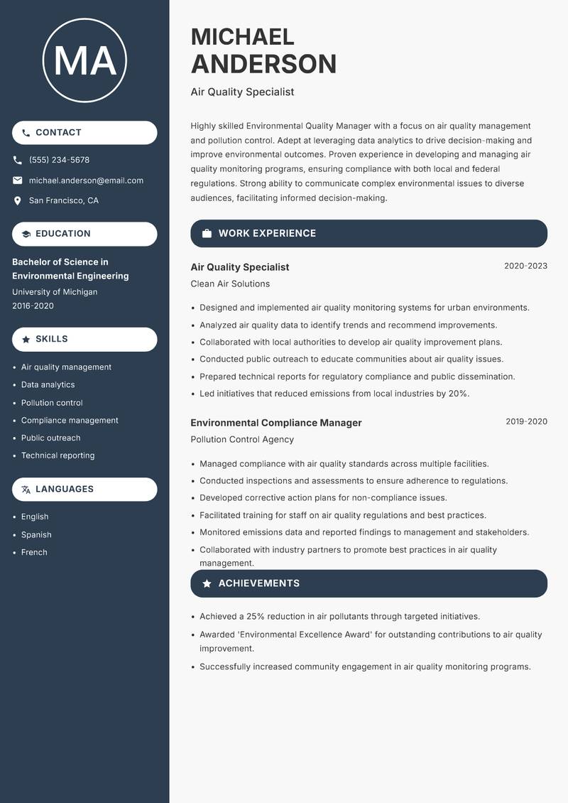 Environmental Quality Manager Resume Preview Example