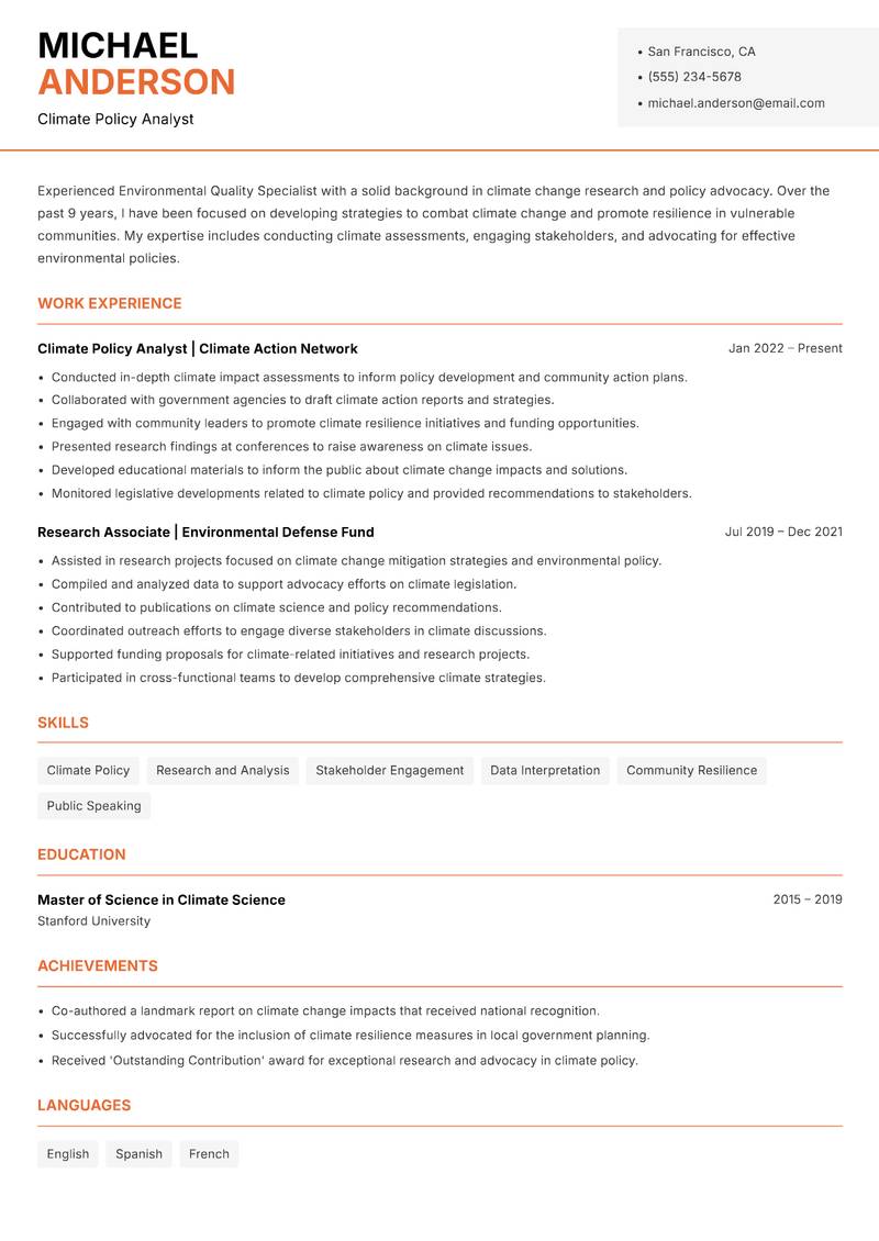 Environmental Quality Specialist Resume Template