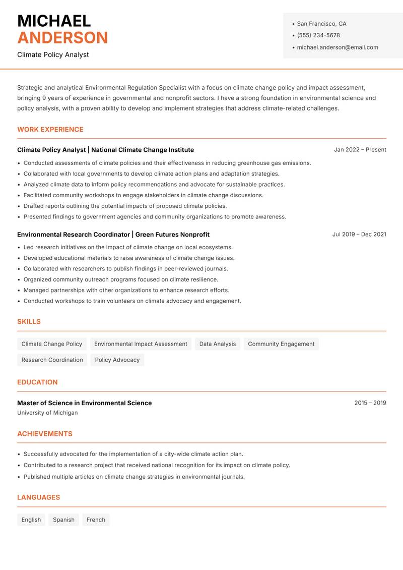 Environmental Regulation Specialist Resume Template
