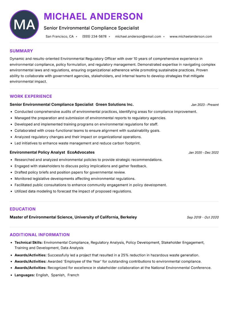 Environmental Regulatory Officer Resume Preview Example