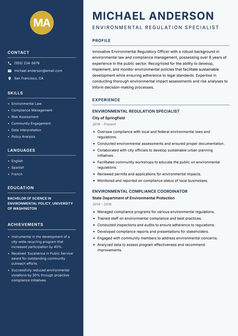 Environmental Regulatory Officer Resume Preview Example