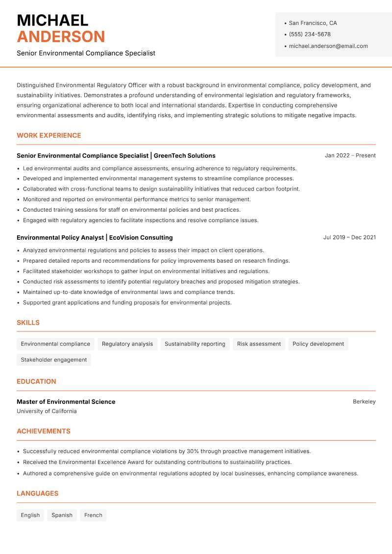 Environmental Regulatory Officer Resume Template