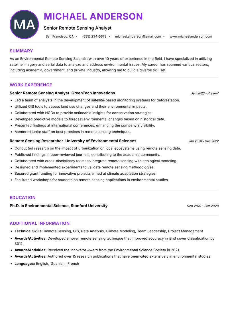 Environmental Remote Sensing Scientist Resume Preview Example