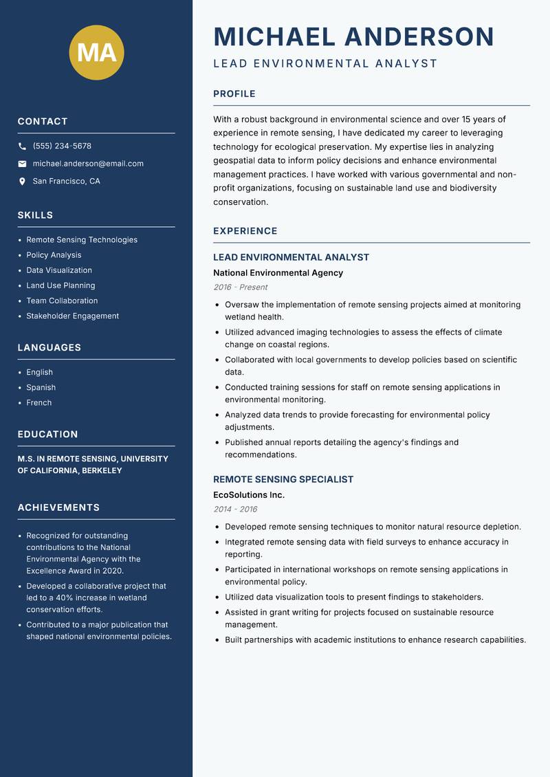 Environmental Remote Sensing Scientist Resume Preview Example