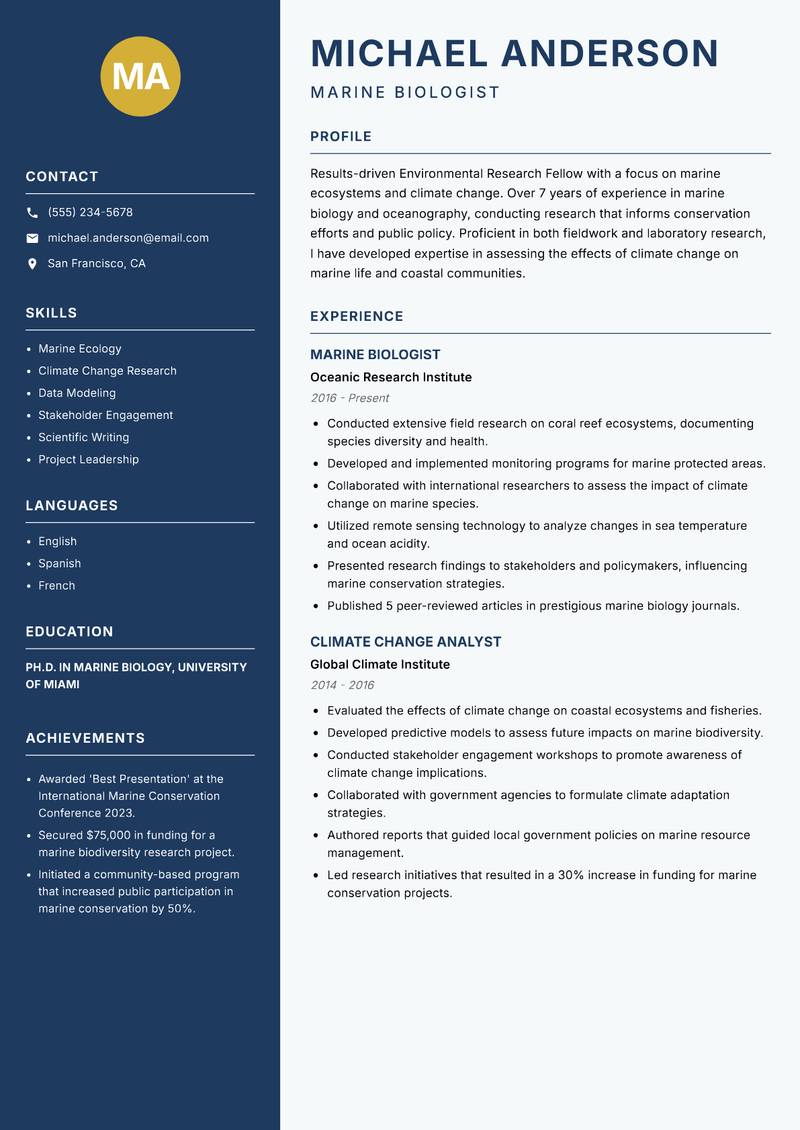 Environmental Research Fellow Resume Preview Example