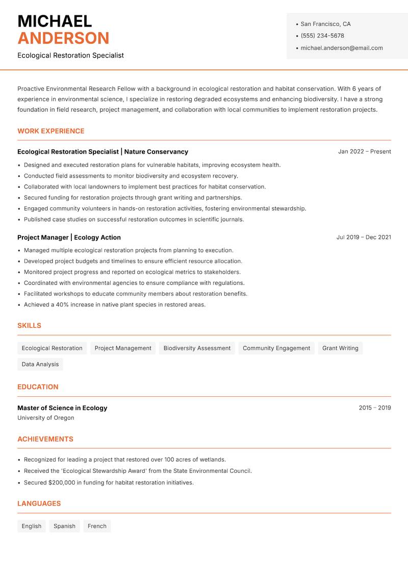 Environmental Research Fellow Resume Template