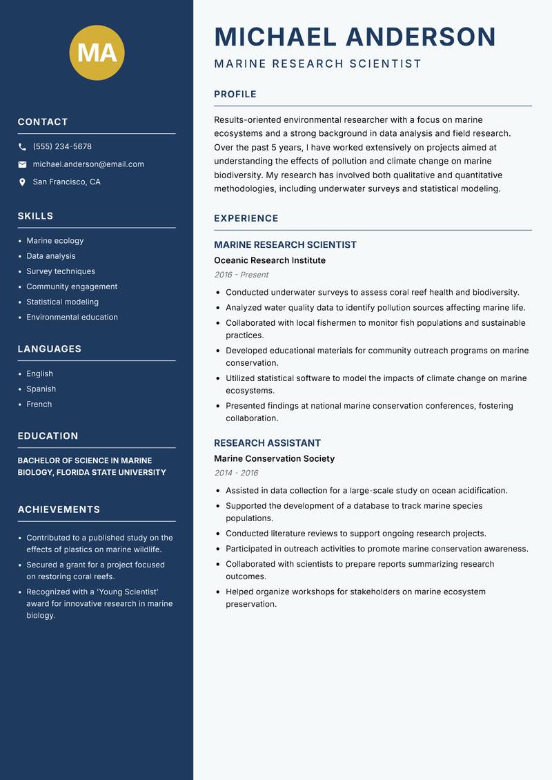 Environmental Researcher Resume Preview Example