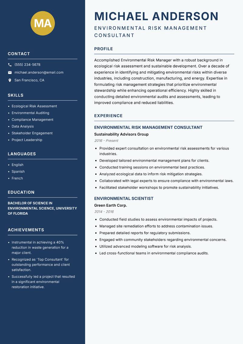 Environmental Risk Manager Resume Preview Example