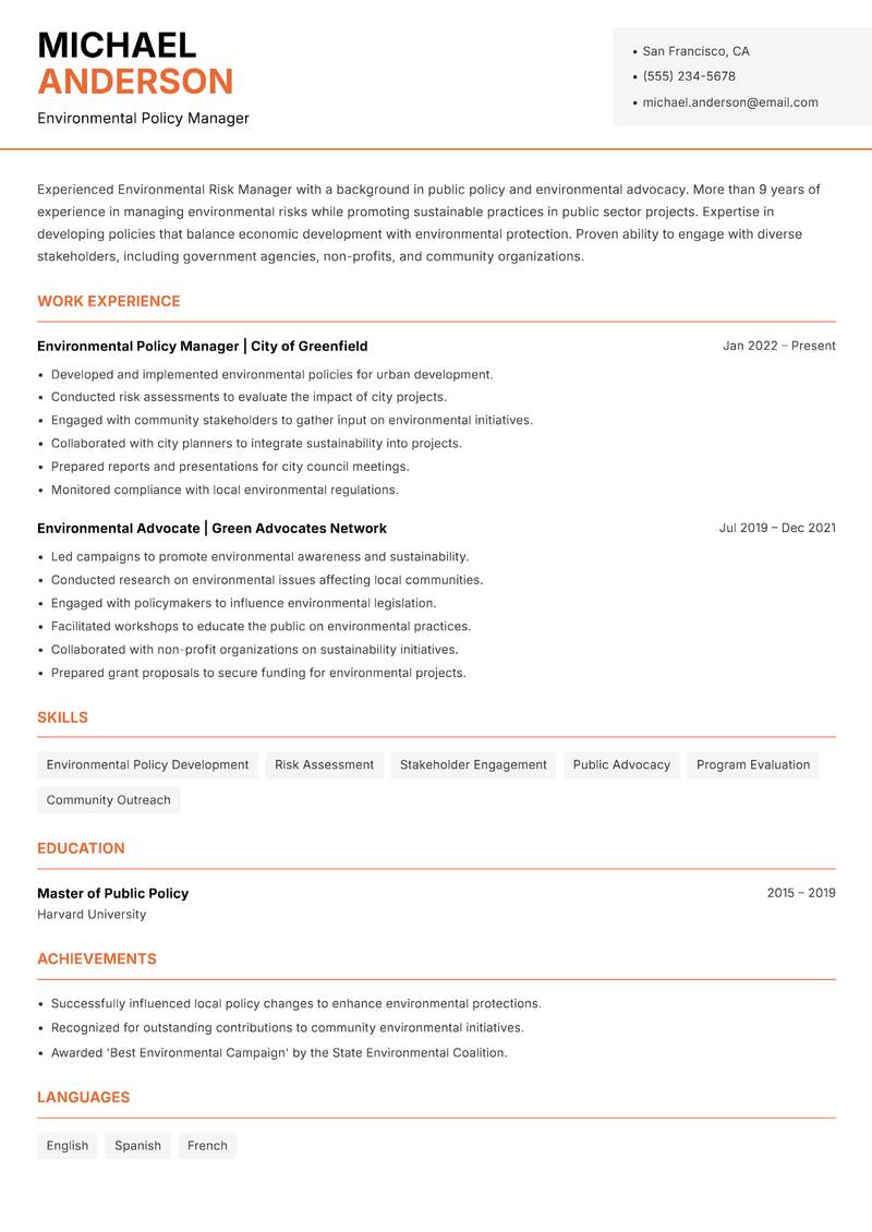 Environmental Risk Manager Resume Template