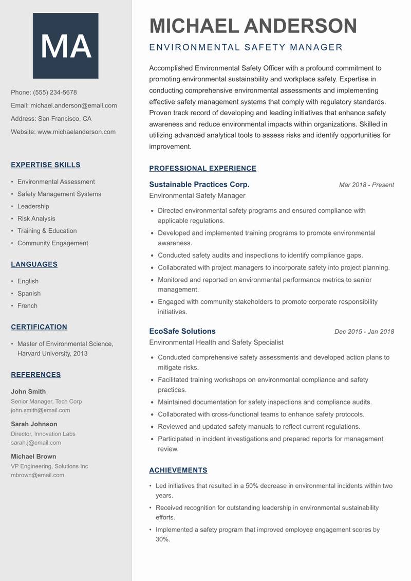 Environmental Safety Officer Resume Preview Example