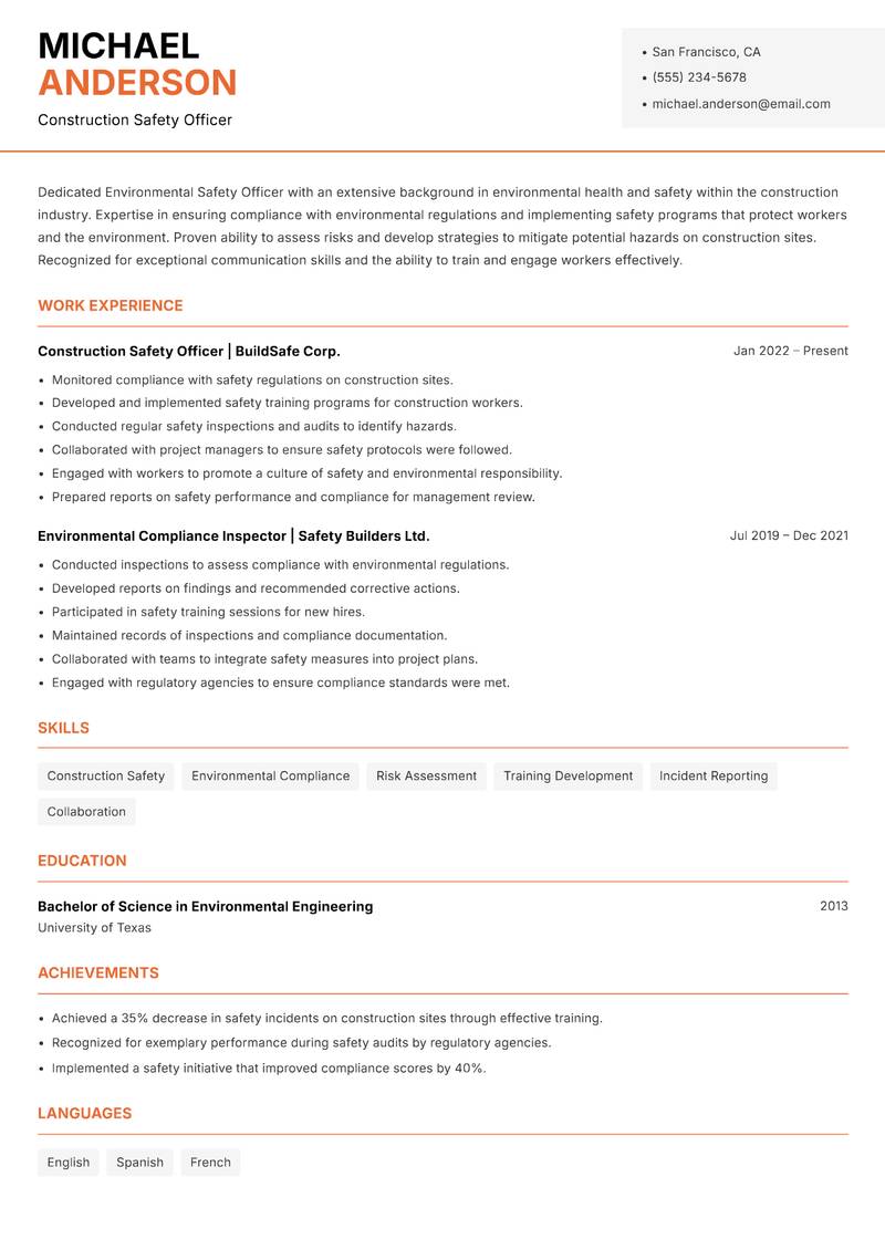 Environmental Safety Officer Resume Template