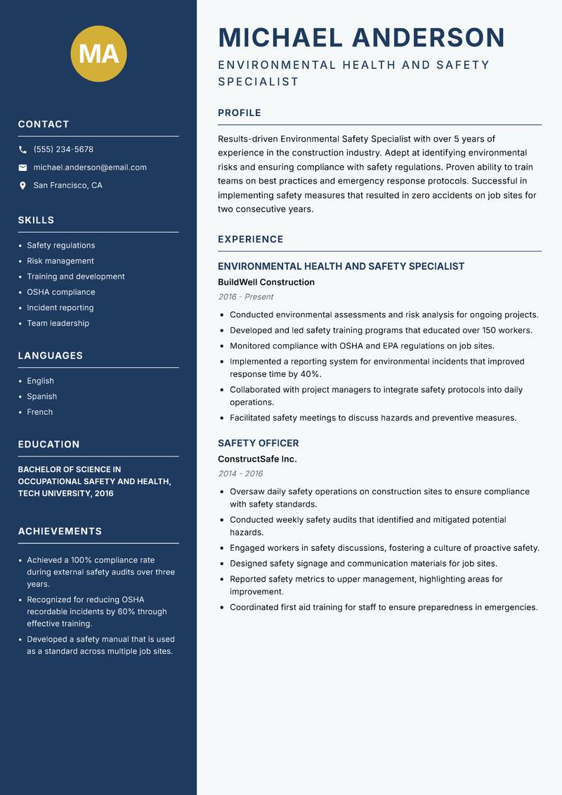 Environmental Safety Specialist Resume Preview Example