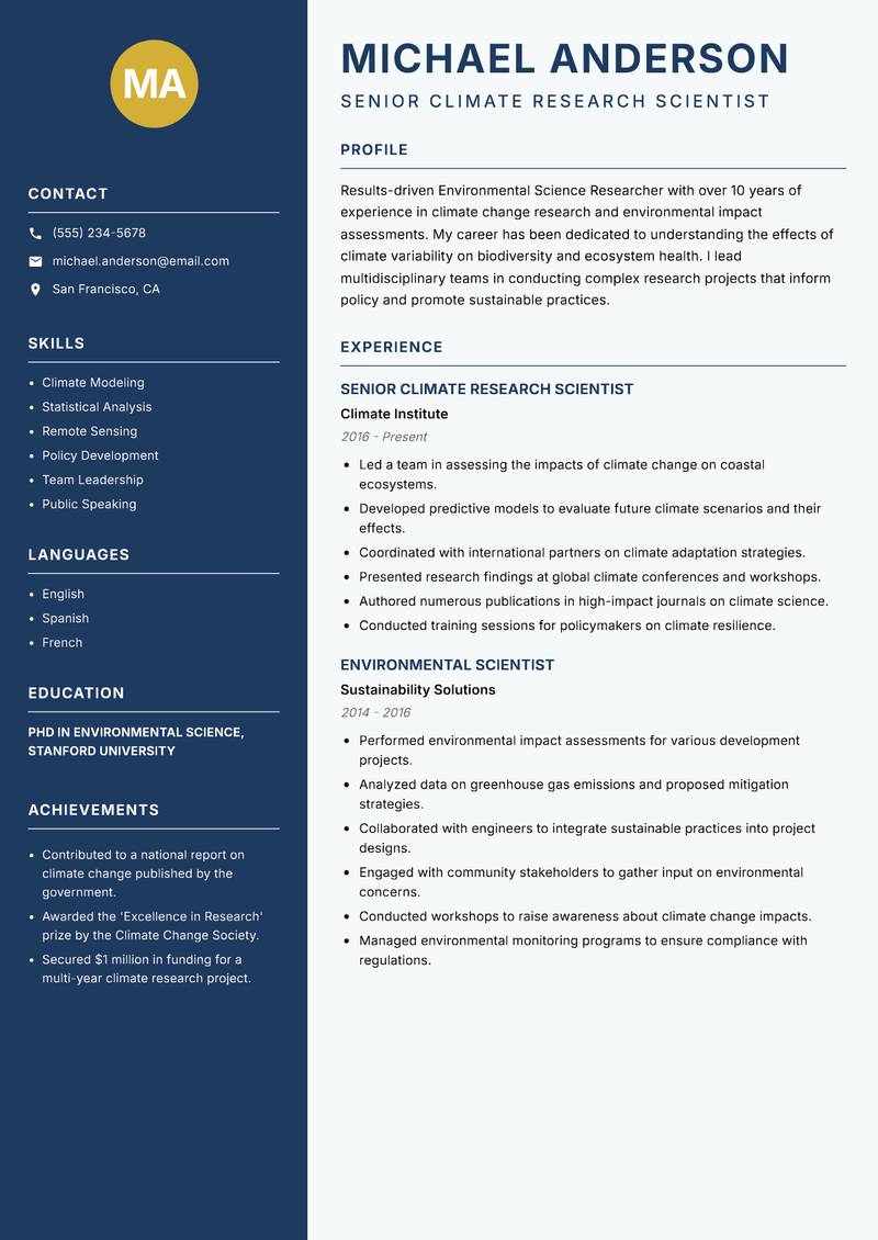 Environmental Science Researcher Resume Preview Example