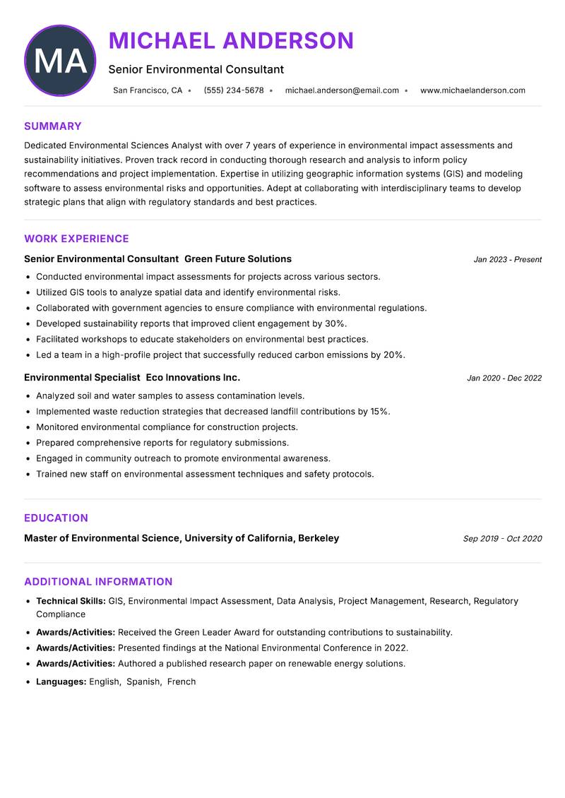 Environmental Sciences Analyst Resume Preview Example