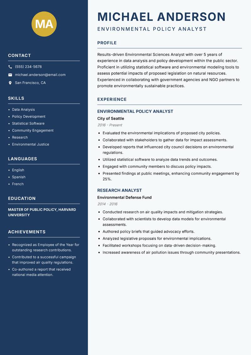 Environmental Sciences Analyst Resume Preview Example