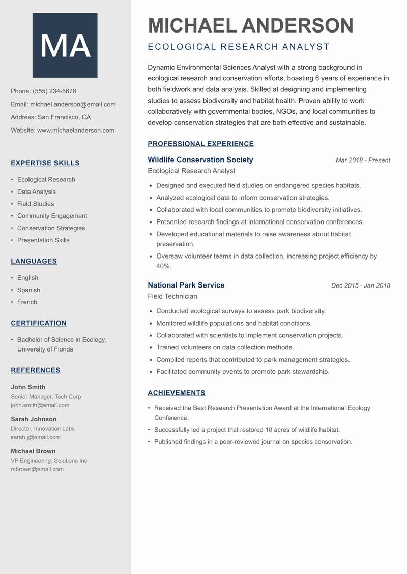Environmental Sciences Analyst Resume Preview Example