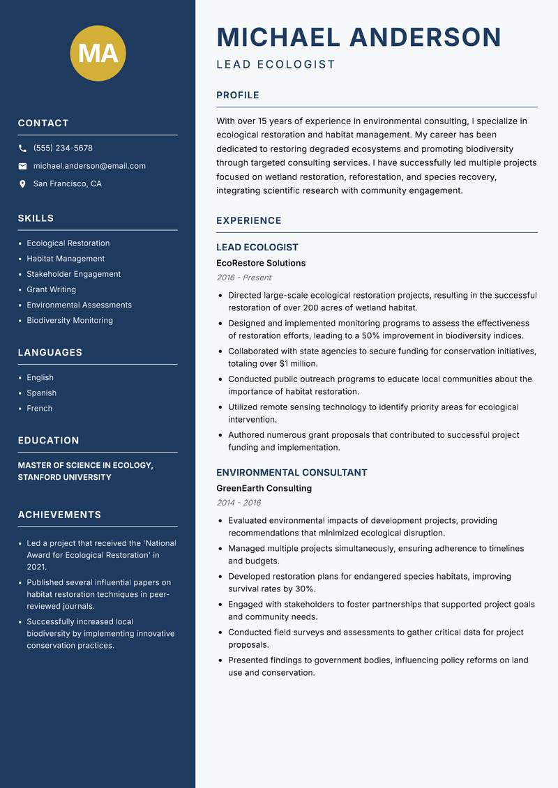 Environmental Sciences Consultant Resume Preview Example