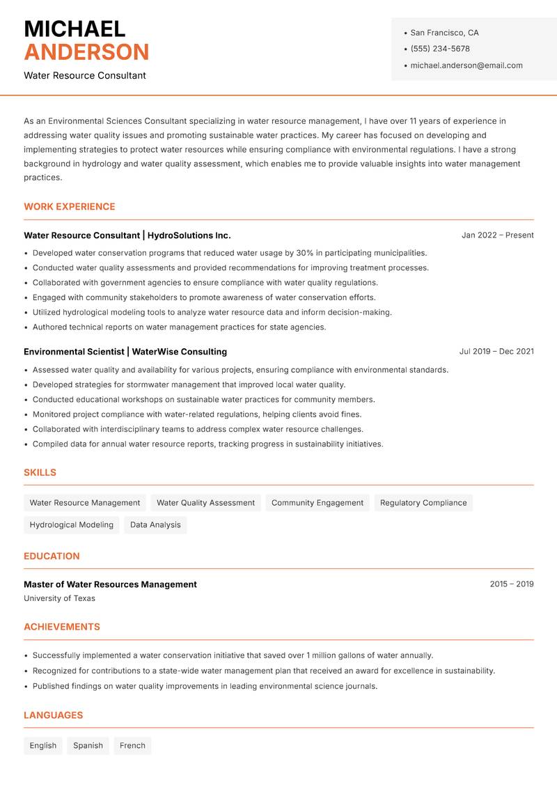 Environmental Sciences Consultant Resume Template