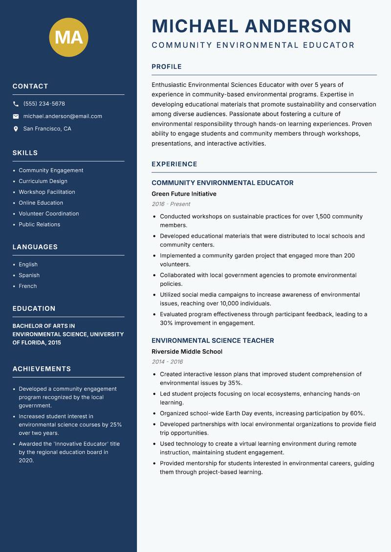 Environmental Sciences Educator Resume Preview Example