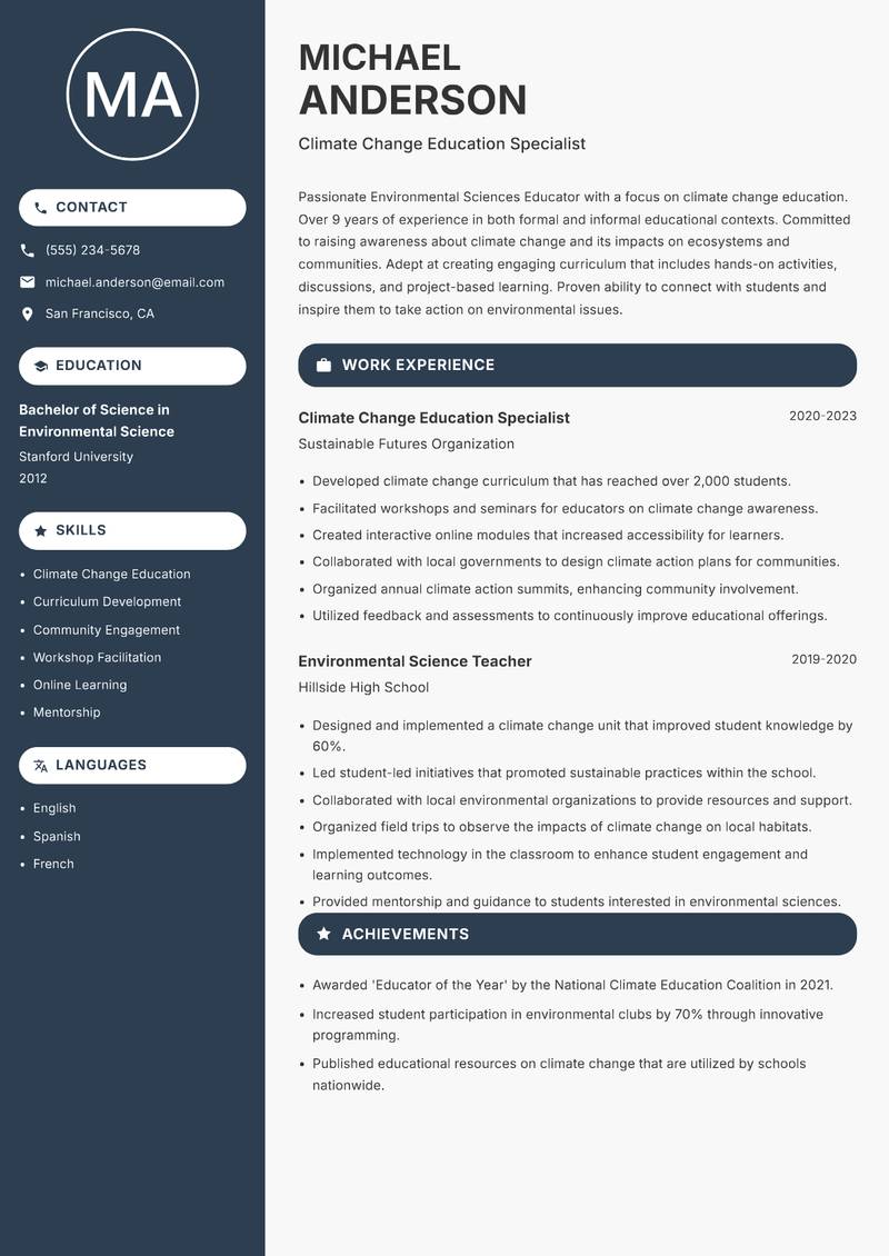 Environmental Sciences Educator Resume Preview Example