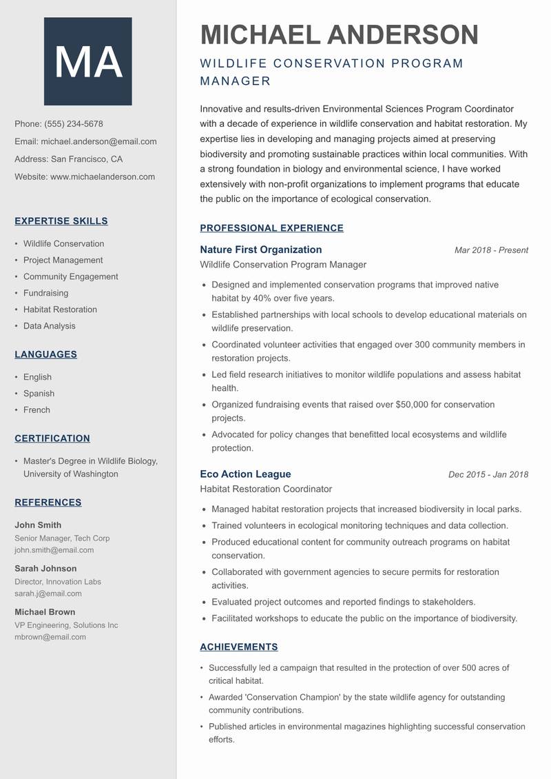 Environmental Sciences Program Coordinator Resume Preview Example