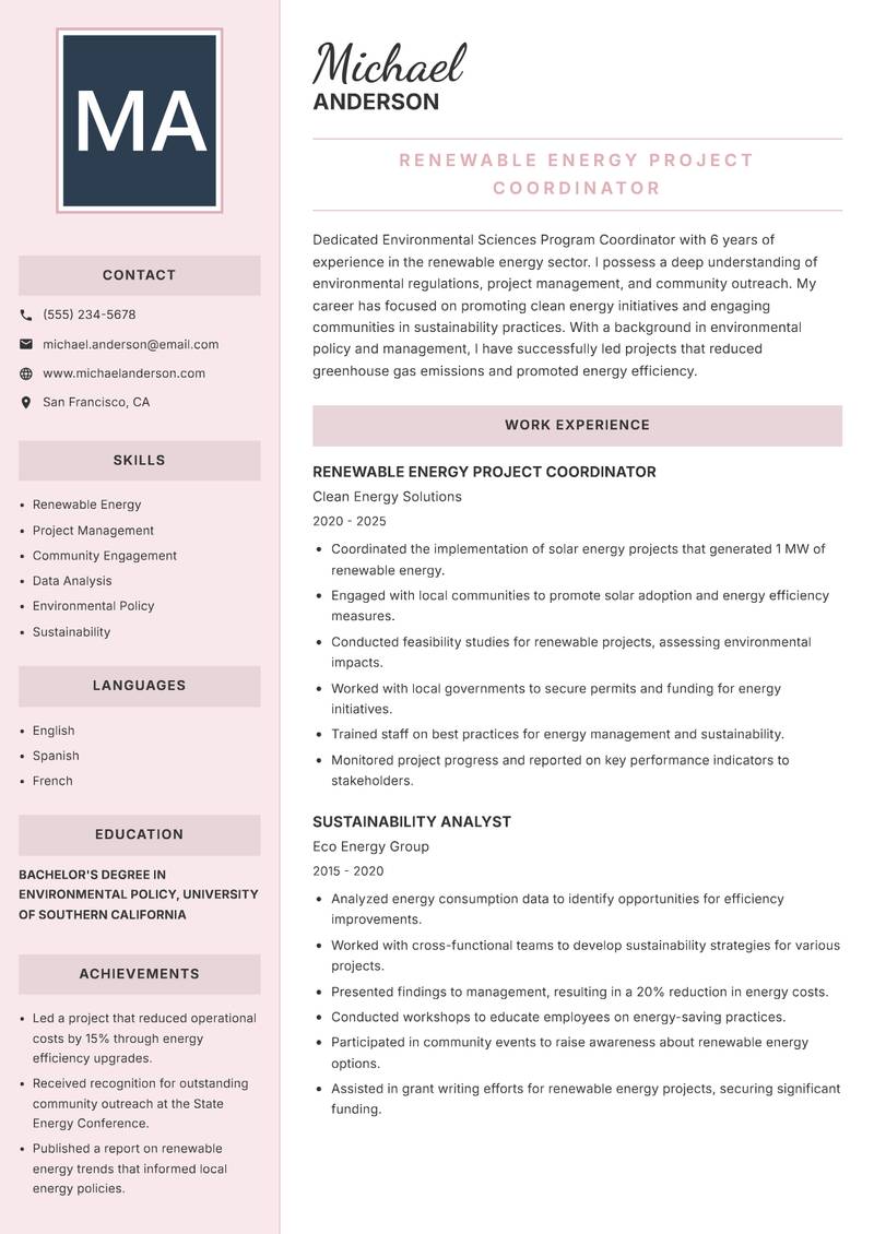 Environmental Sciences Program Coordinator Resume Preview Example