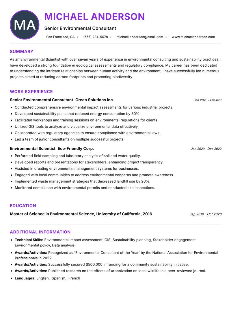Environmental Scientist Resume Preview Example