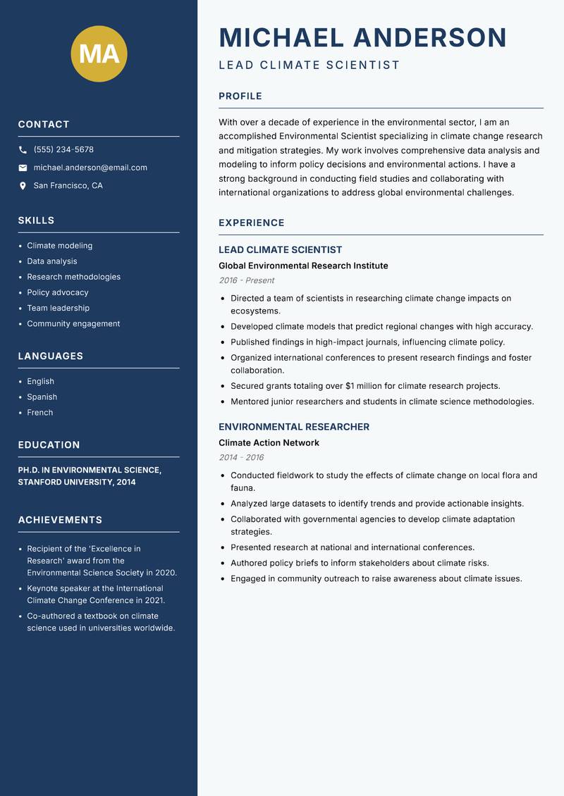 Environmental Scientist Resume Preview Example