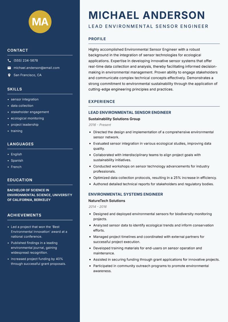 Environmental Sensor Engineer Resume Preview Example