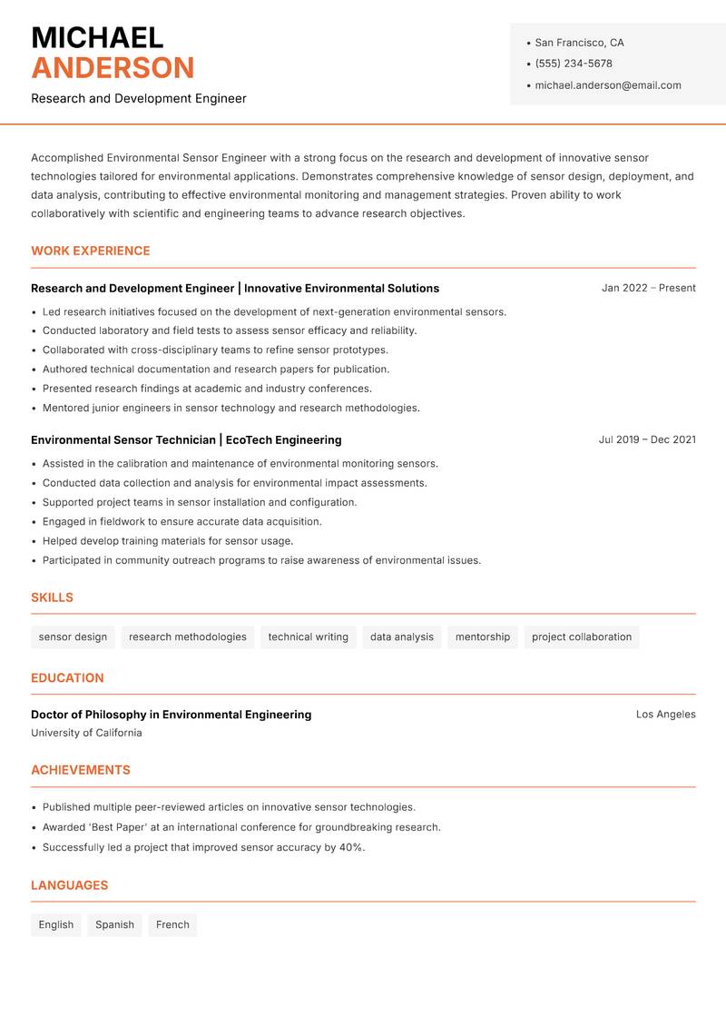 Environmental Sensor Engineer Resume Template