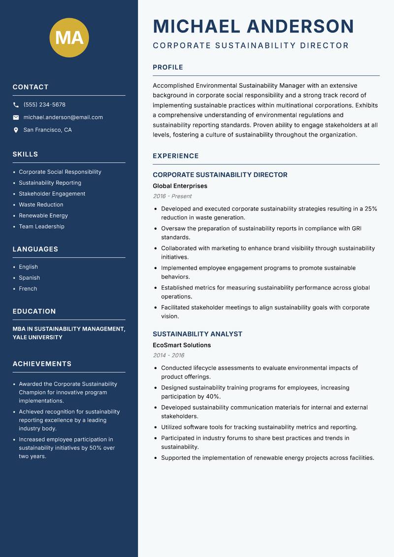 Environmental Sustainability Manager Resume Preview Example