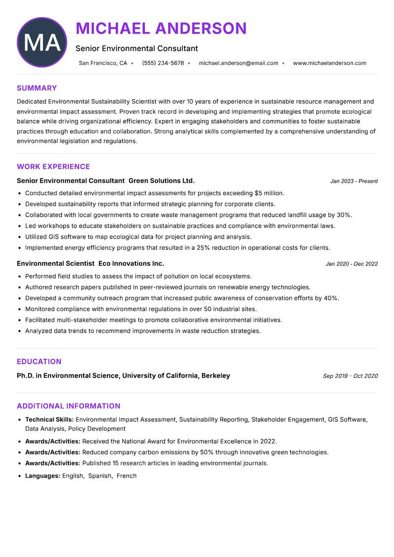Environmental Sustainability Scientist Resume Preview Example