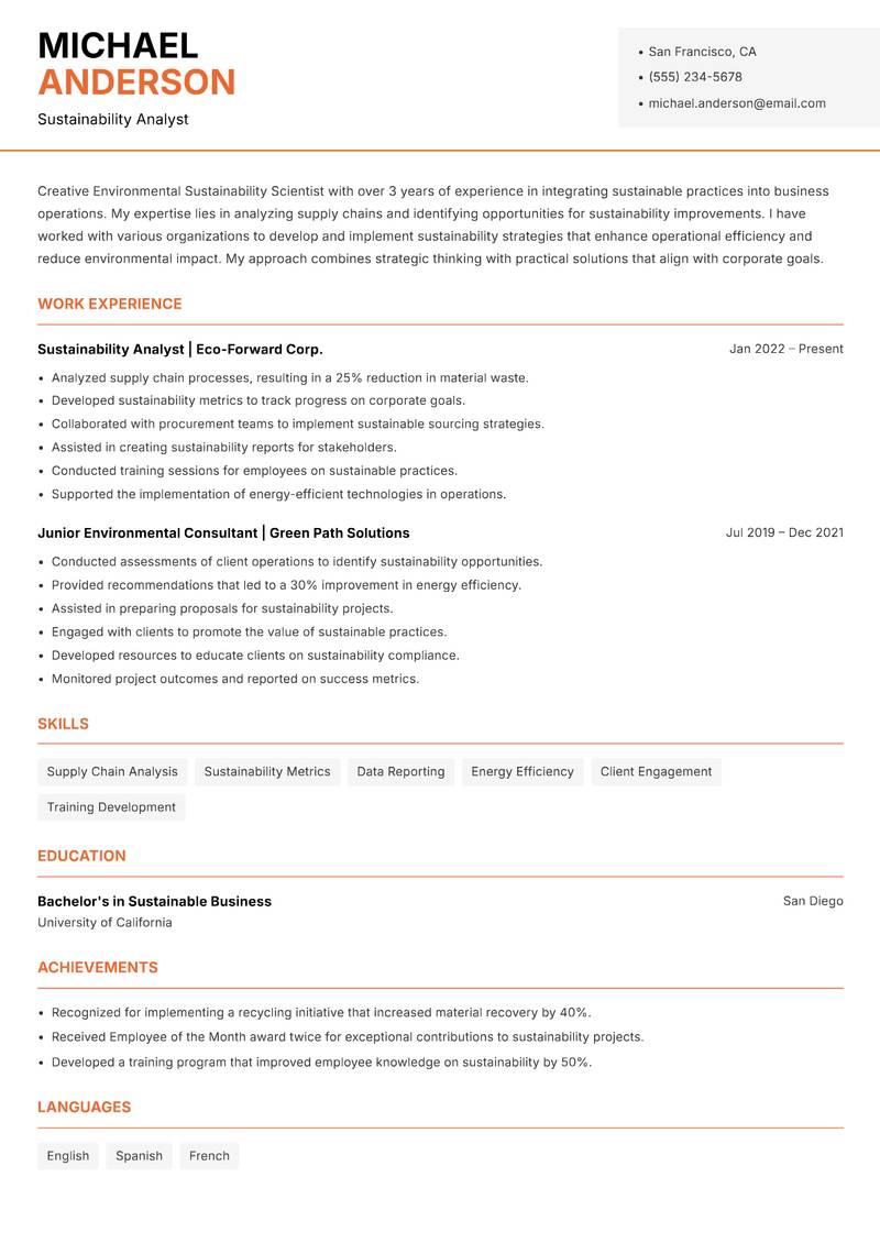 Environmental Sustainability Scientist Resume Template