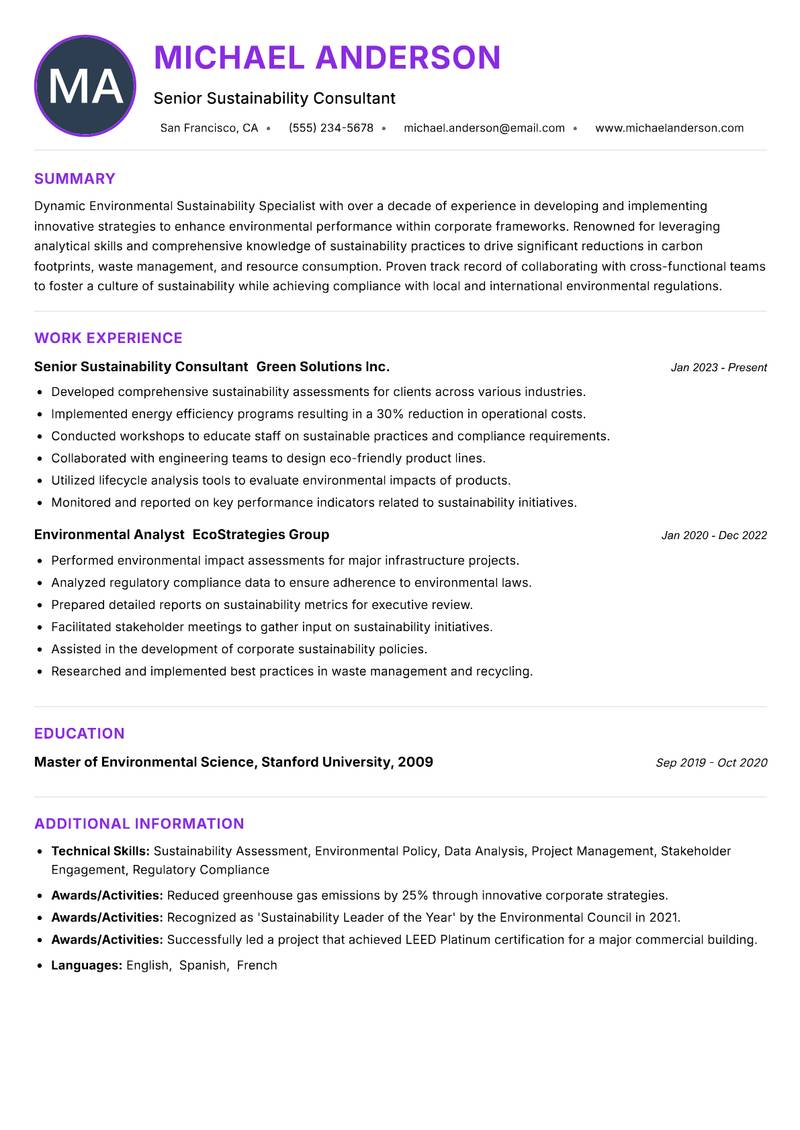 Environmental Sustainability Specialist Resume Preview Example