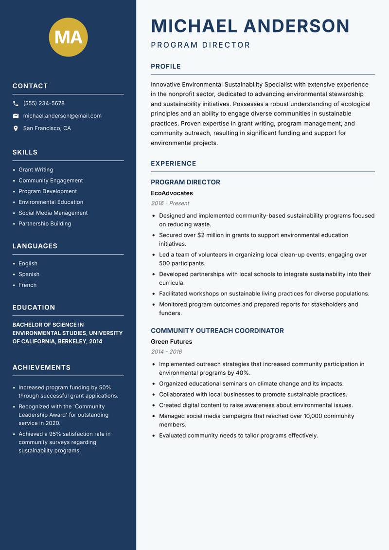 Environmental Sustainability Specialist Resume Preview Example