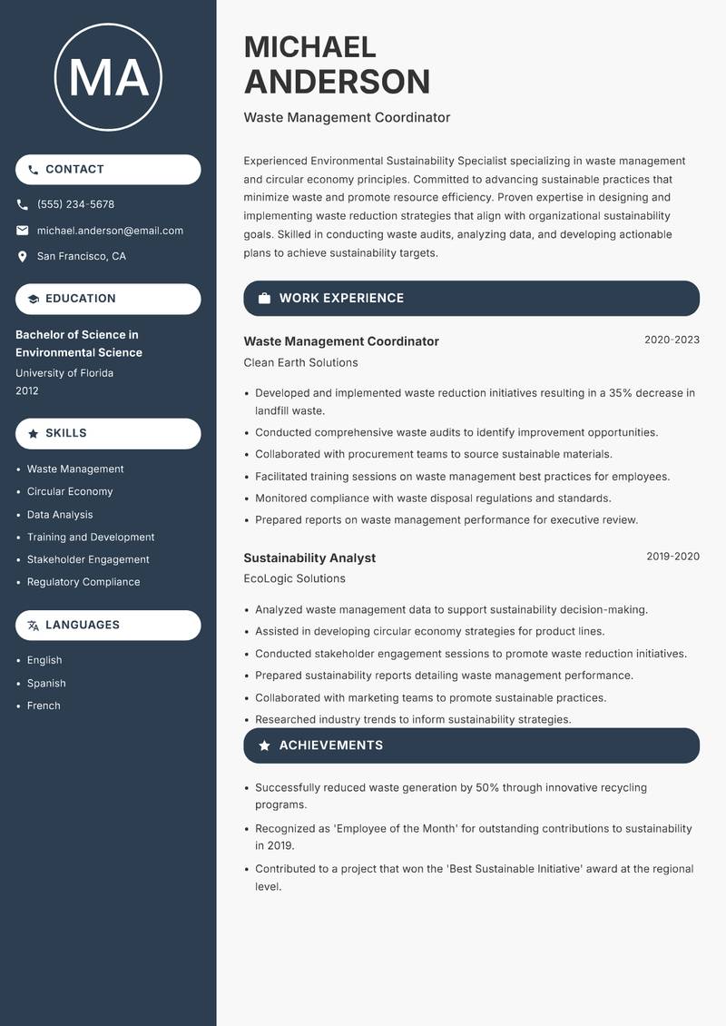 Environmental Sustainability Specialist Resume Preview Example