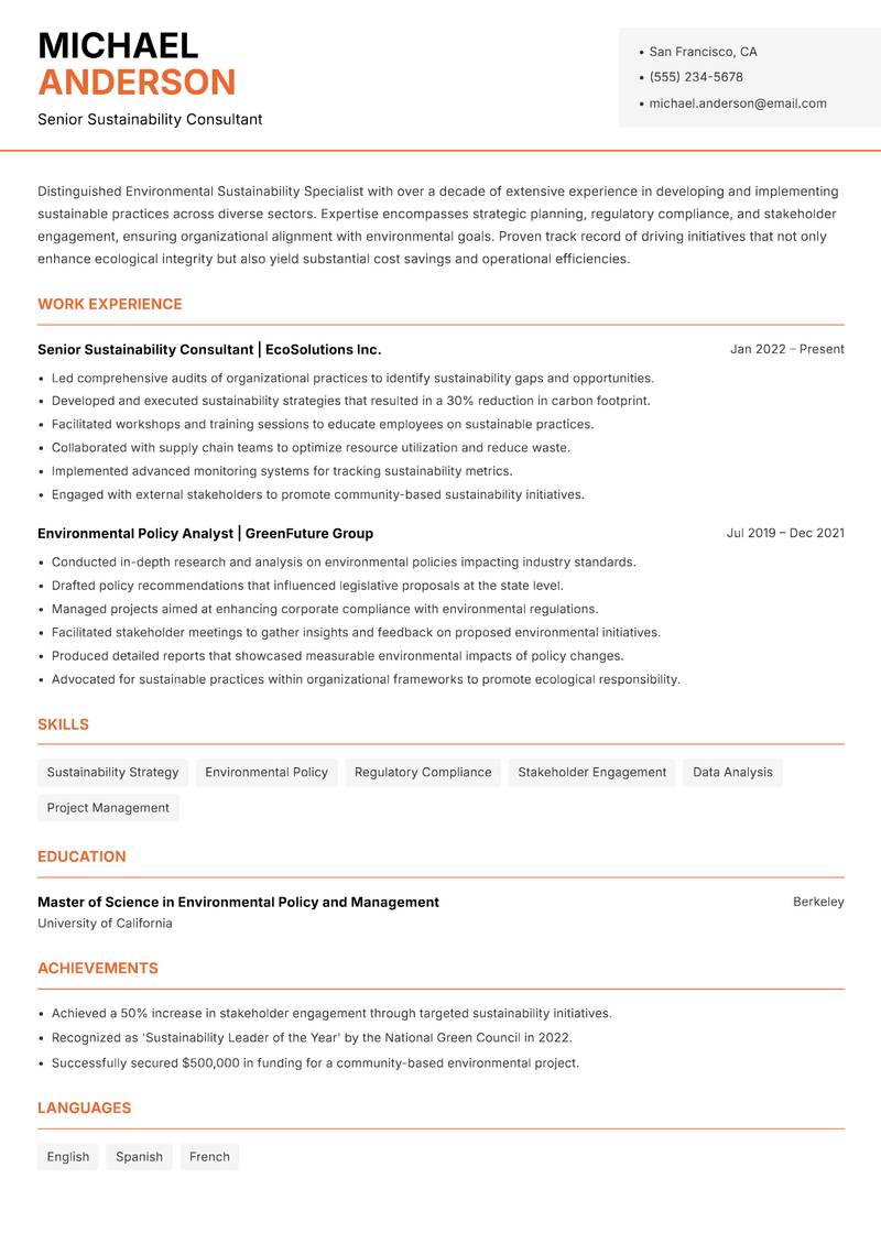 Environmental Sustainability Specialist Resume Template