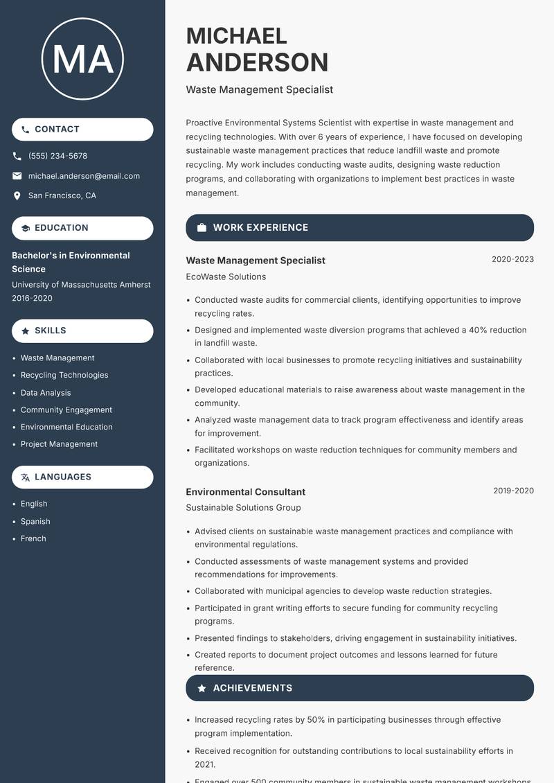 Environmental Systems Scientist Resume Preview Example