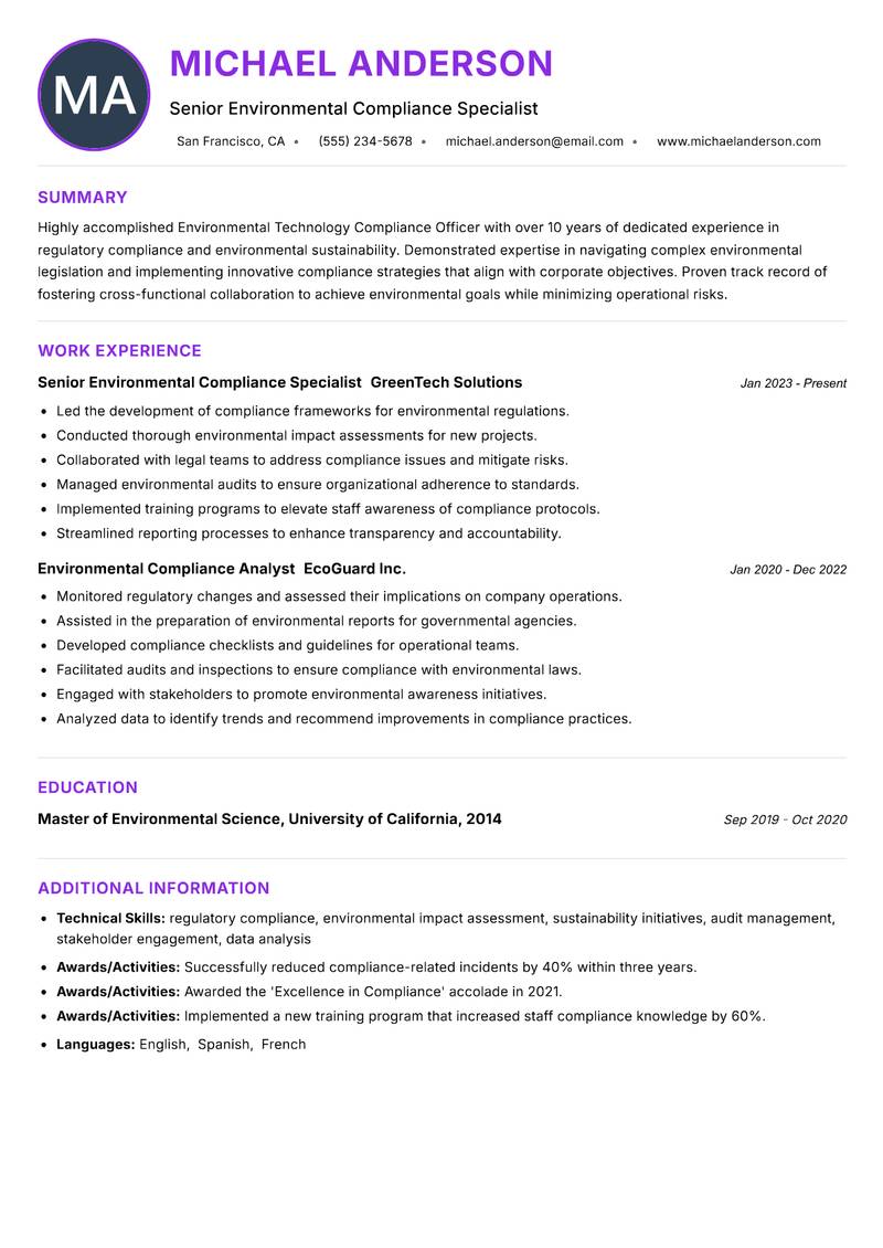 Environmental Technology Compliance Officer Resume Preview Example