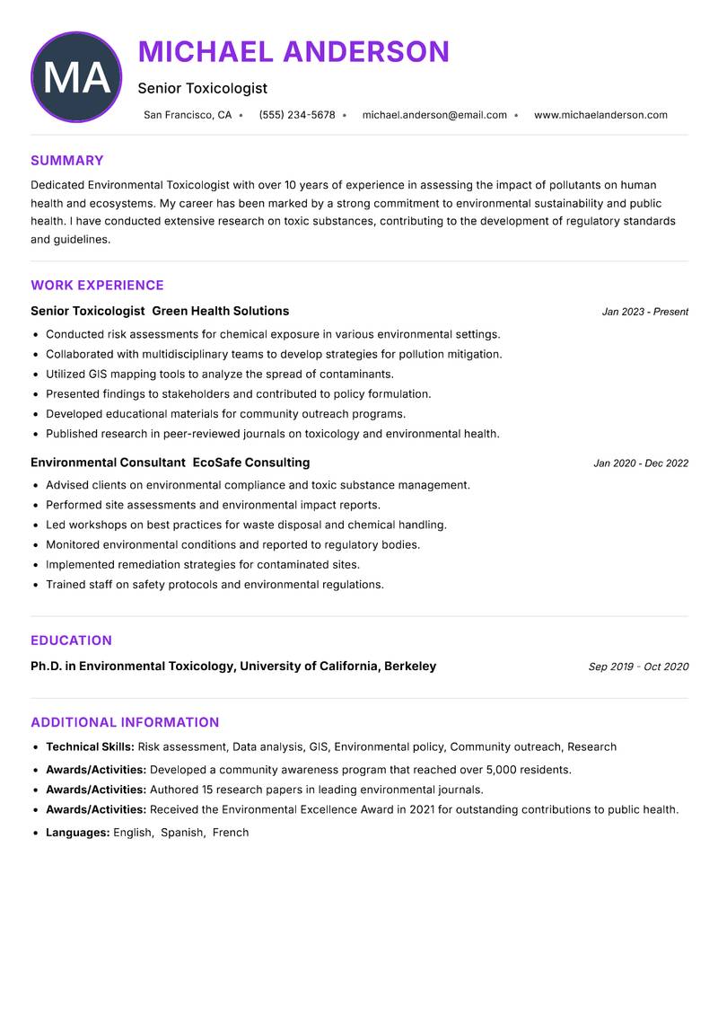 Environmental Toxicologist Resume Preview Example