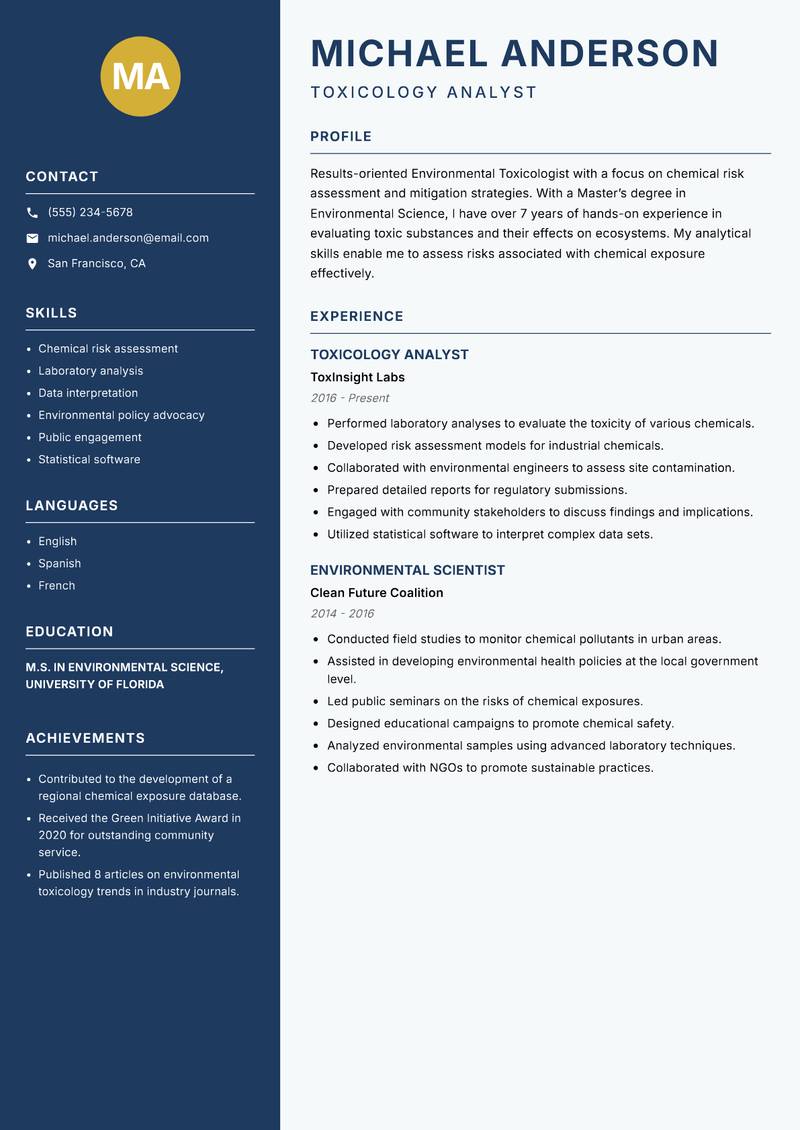 Environmental Toxicologist Resume Preview Example