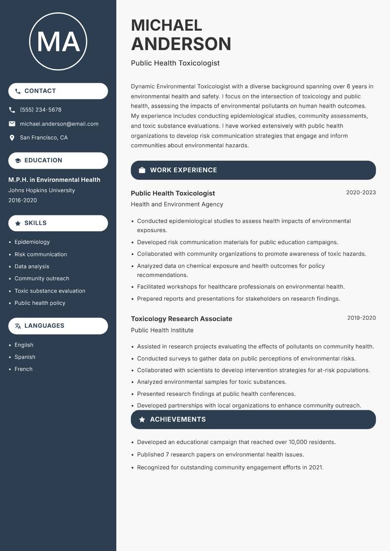 Environmental Toxicologist Resume Preview Example