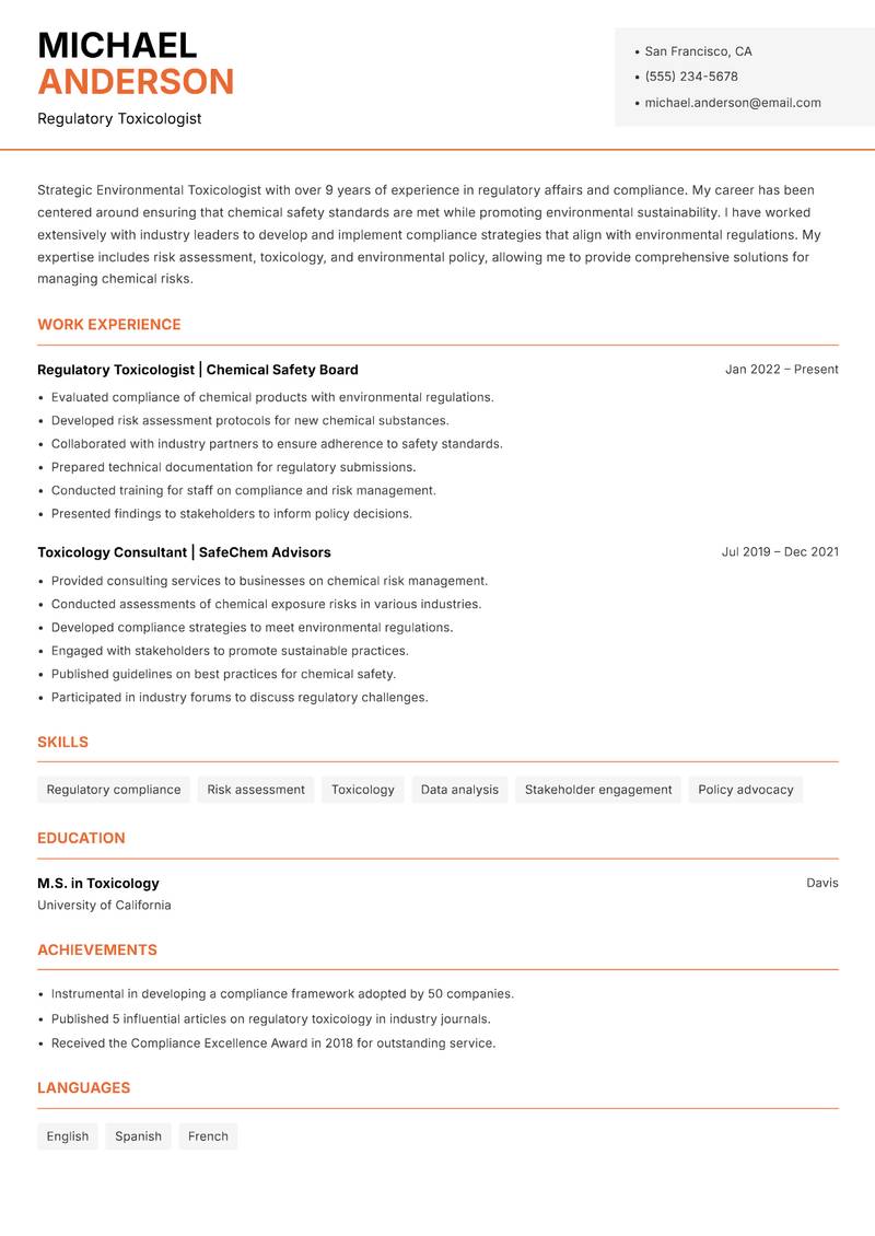 Environmental Toxicologist Resume Template