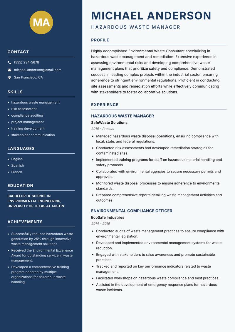 Environmental Waste Consultant Resume Preview Example